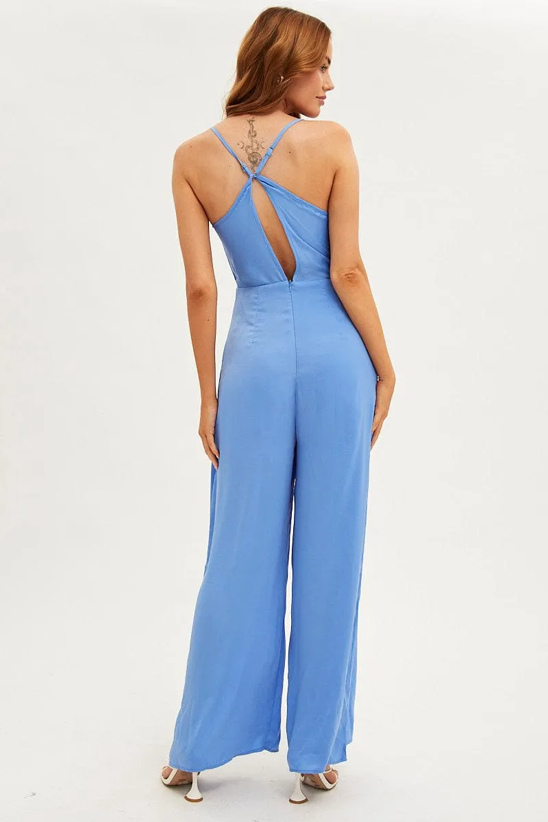 Blue Wide Leg Jumpsuit Sleeveless Cowl Neck Satin