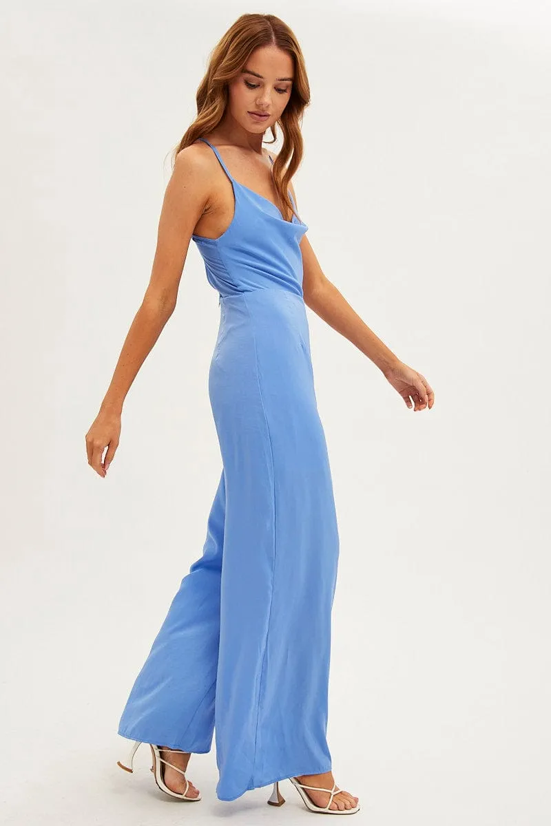 Blue Wide Leg Jumpsuit Sleeveless Cowl Neck Satin
