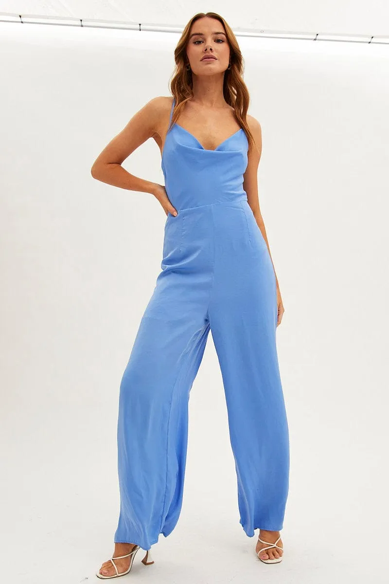 Blue Wide Leg Jumpsuit Sleeveless Cowl Neck Satin