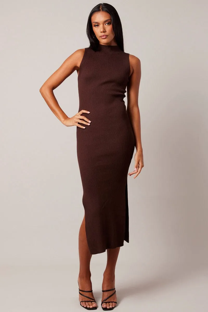 Brown Knit Dress High Neck Midi