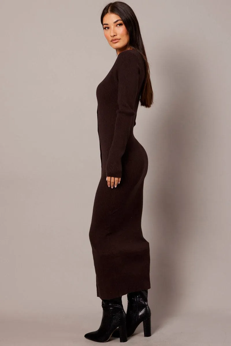 Brown Knit Dress Long Sleeve Button Front
