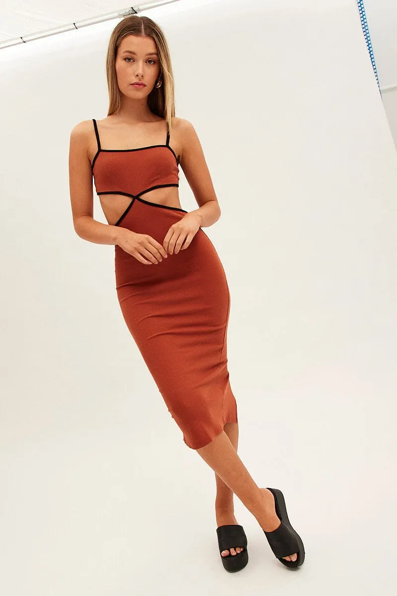 Brown Midi Dress Adjustable Straps Cut Out Jersey Rib