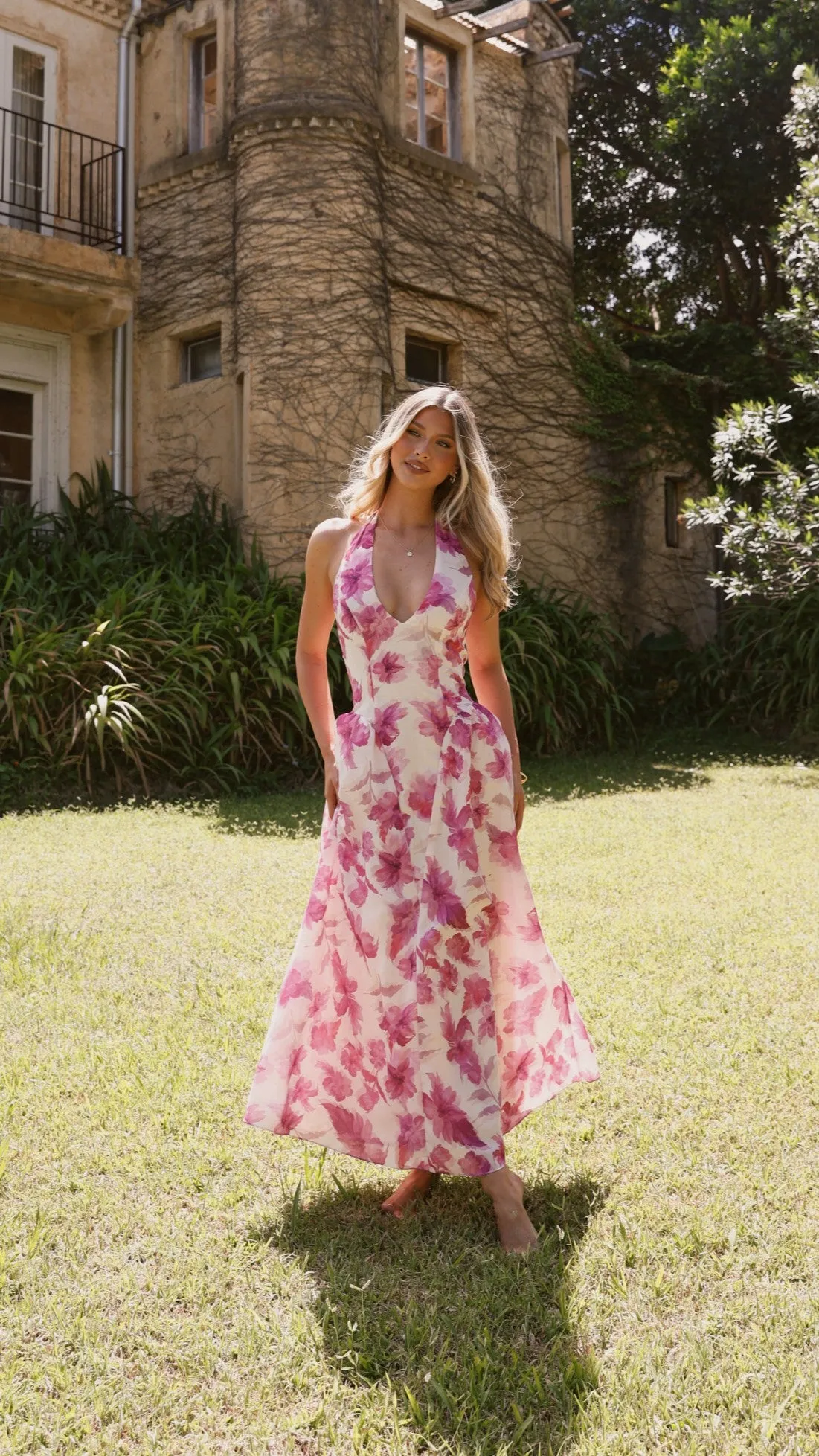 Bryony Halter Neck Maxi Dress - Pink Floral