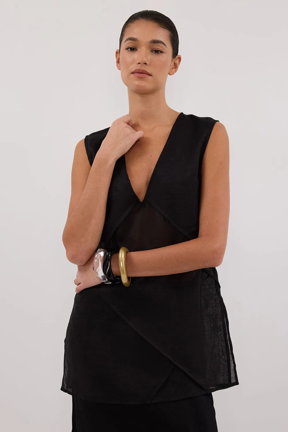 CARMEL BLACK RAMIE V NECK TOP