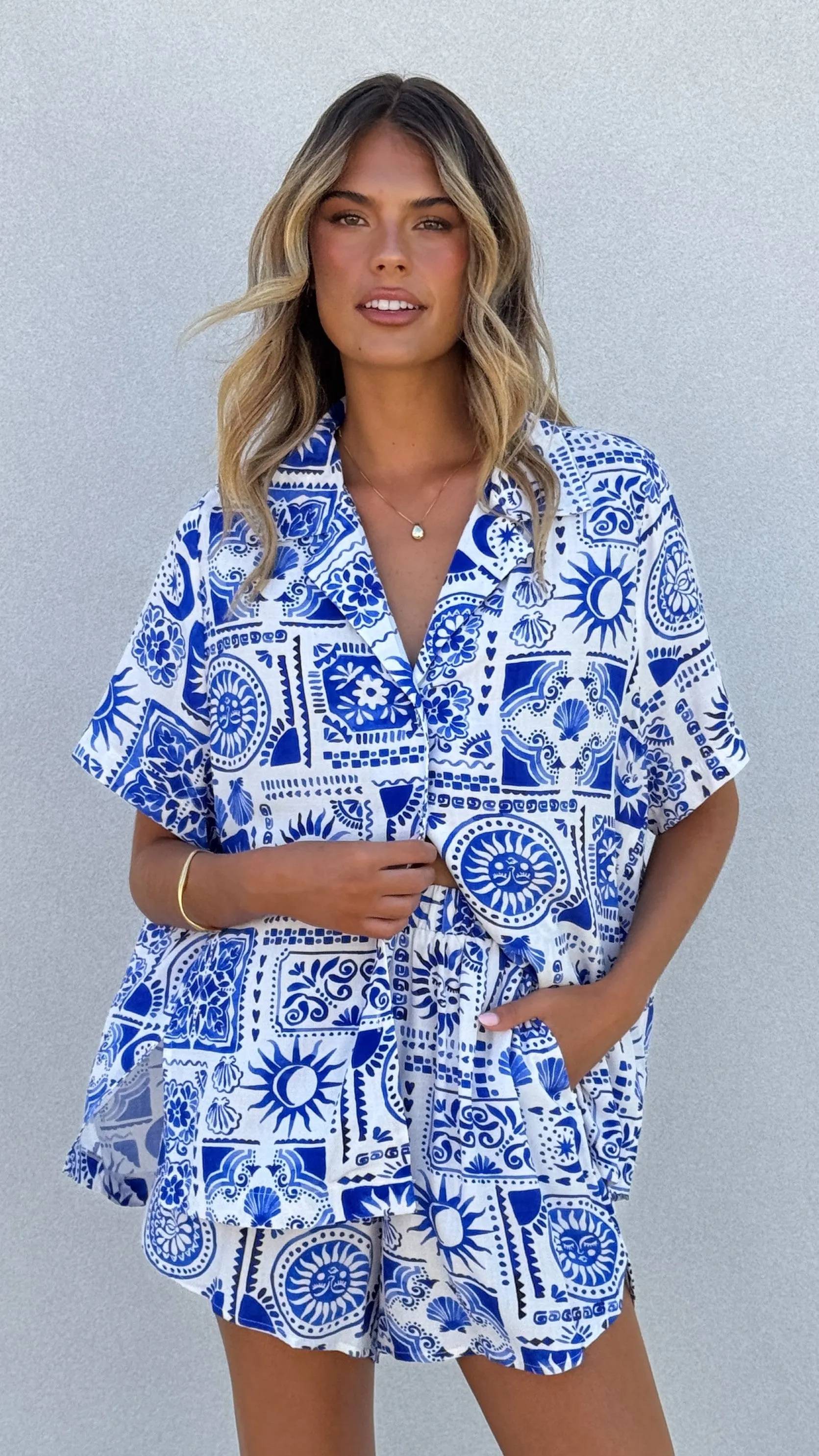 Cordelia Button Up Shirt and Short Set - Yasmin Blue