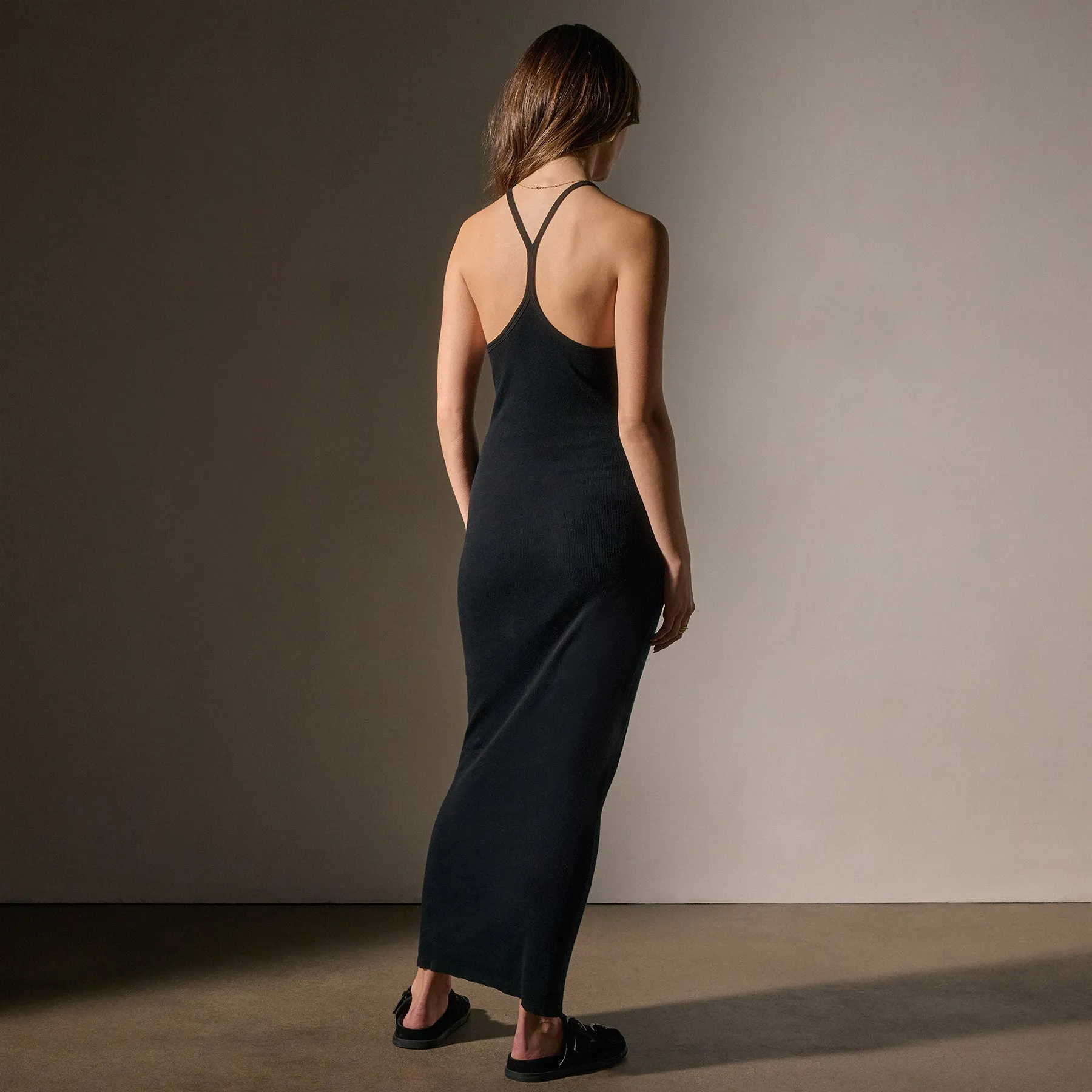 Cotton Cashmere Ribbed Racer Back Tank Dress - Black