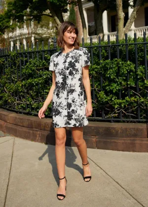 Ellen Dress Black and White Rose Chintz Linen