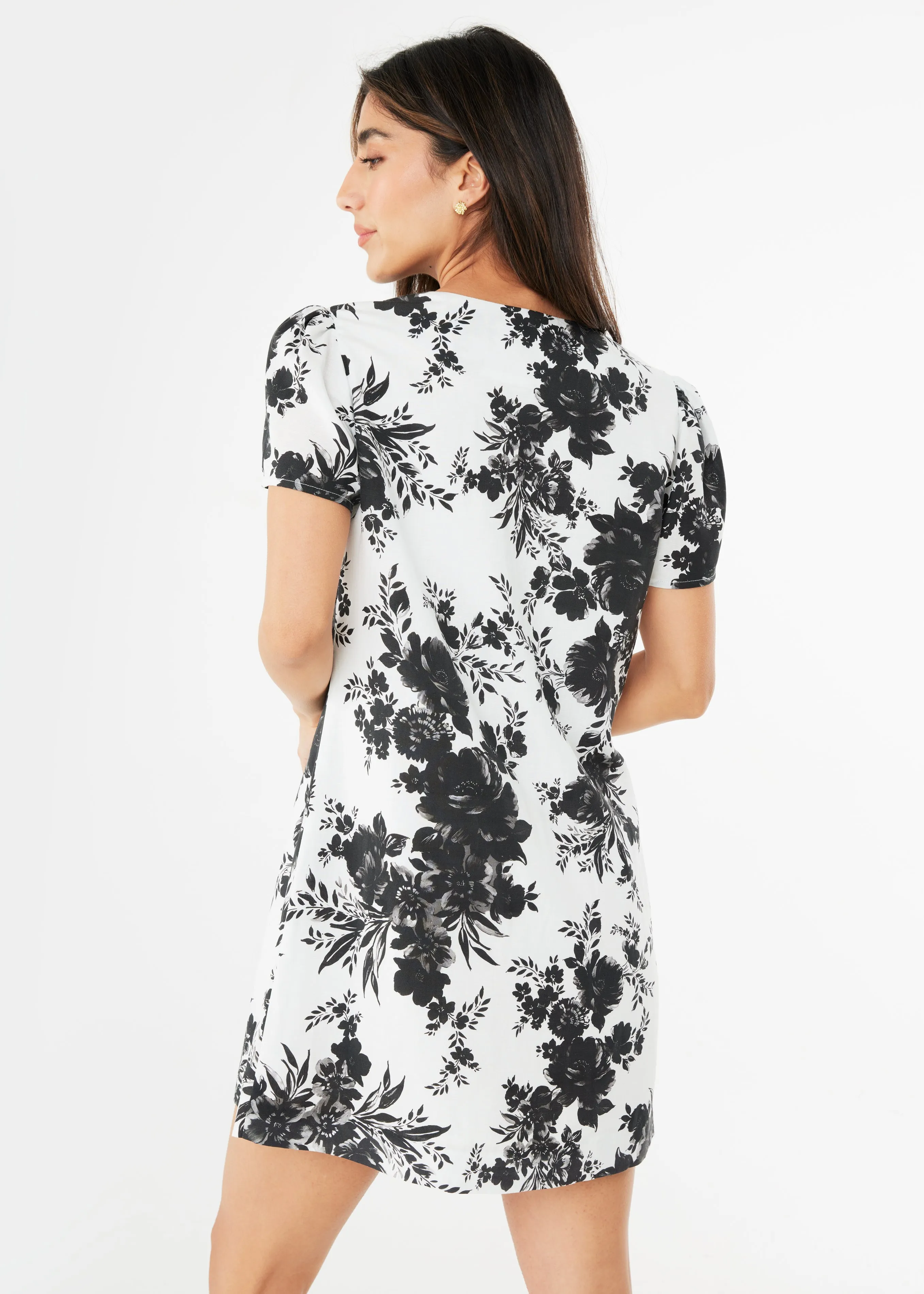 Ellen Dress Black and White Rose Chintz Linen