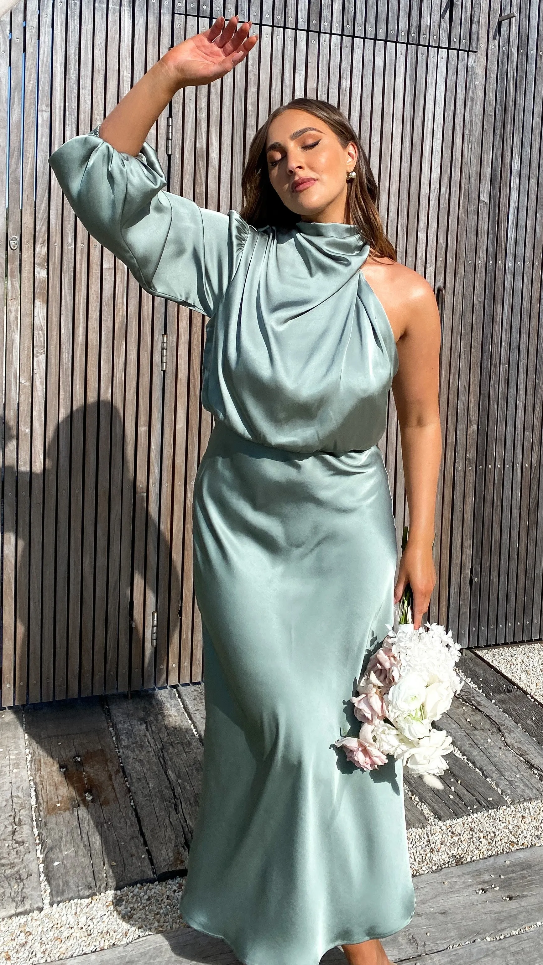 Esther One Shoulder Long Sleeve Dress - Green