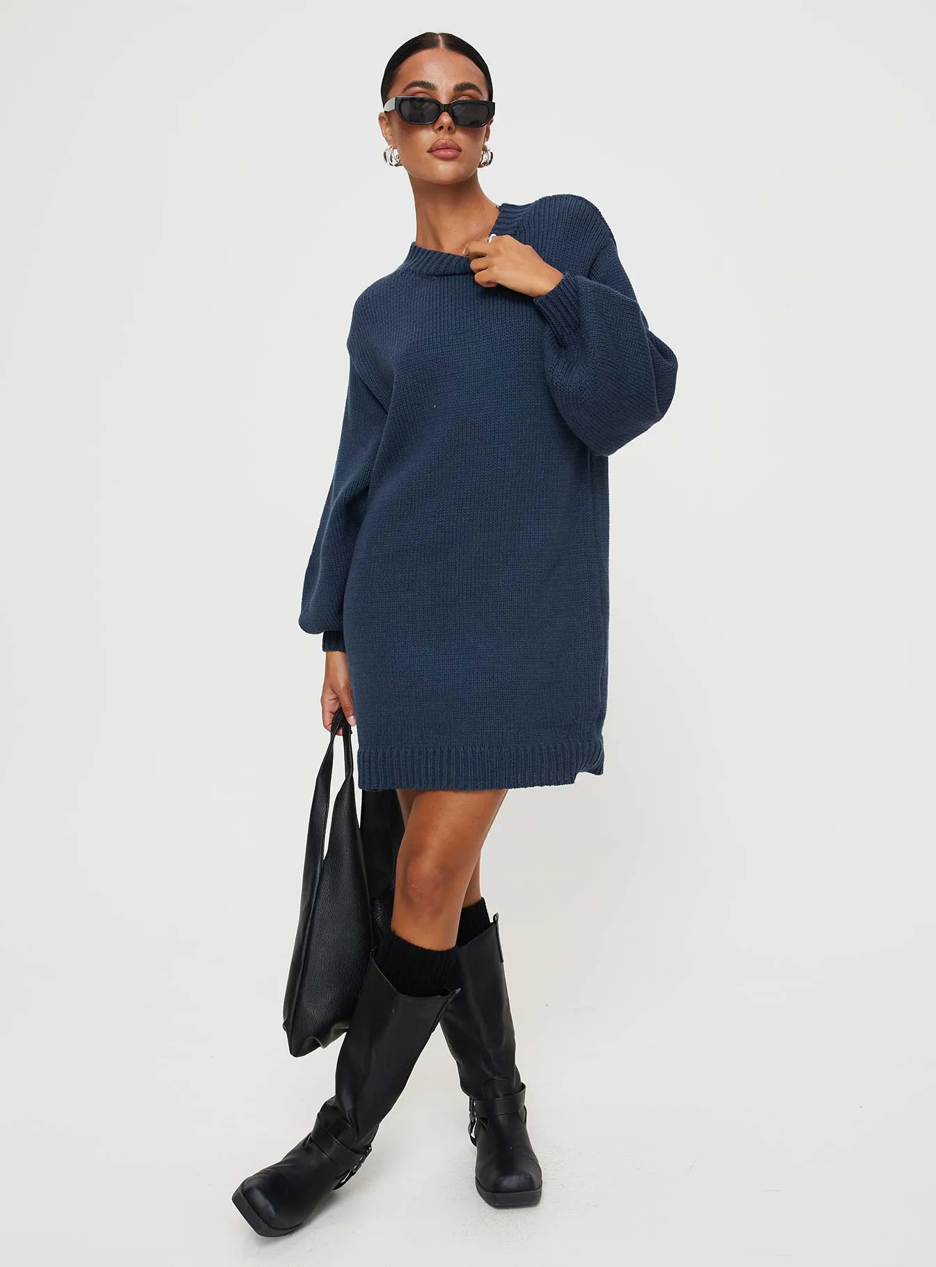 Harmony Balloon Sleeve Knit Mini Dress Navy