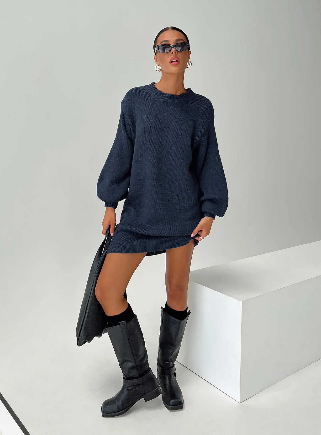 Harmony Balloon Sleeve Knit Mini Dress Navy