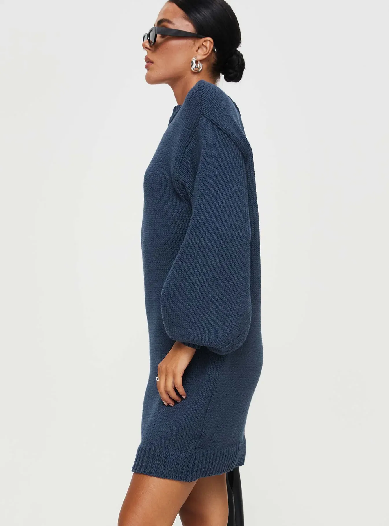 Harmony Balloon Sleeve Knit Mini Dress Navy