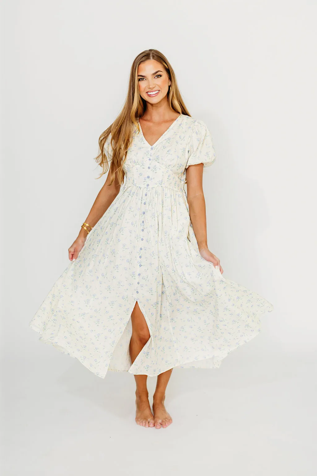 Kylee 100% Cotton Floral Maxi Dress in French Blue