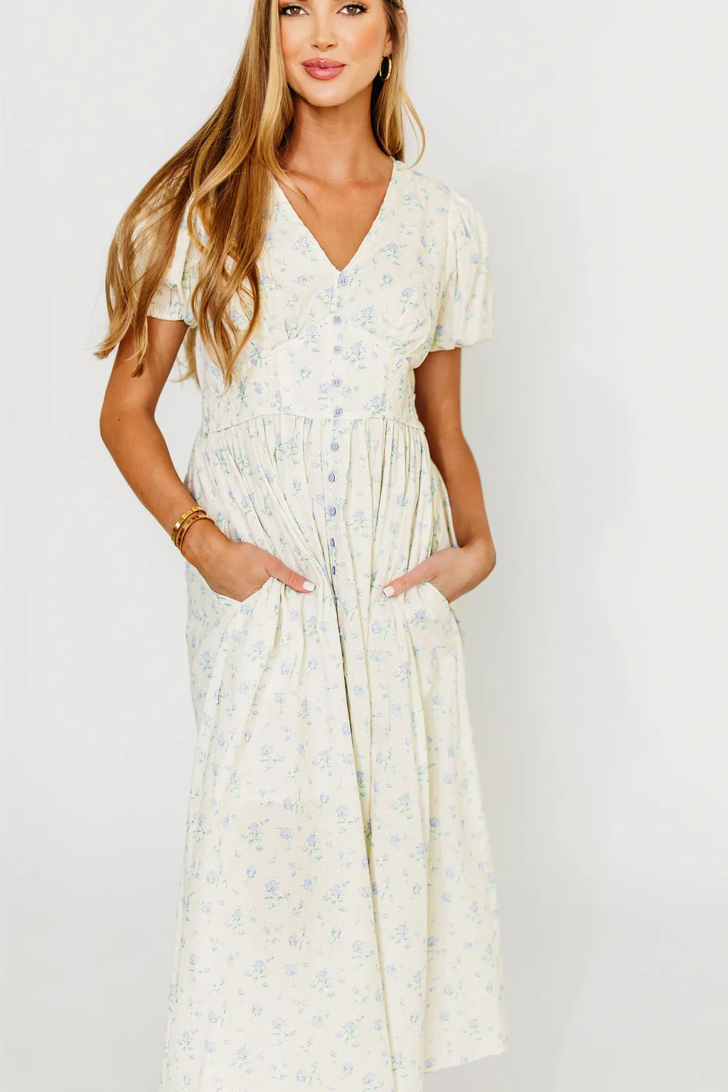Kylee 100% Cotton Floral Maxi Dress in French Blue