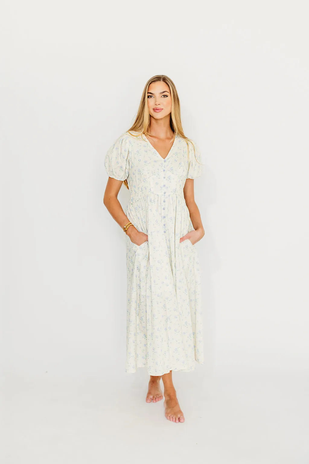 Kylee 100% Cotton Floral Maxi Dress in French Blue