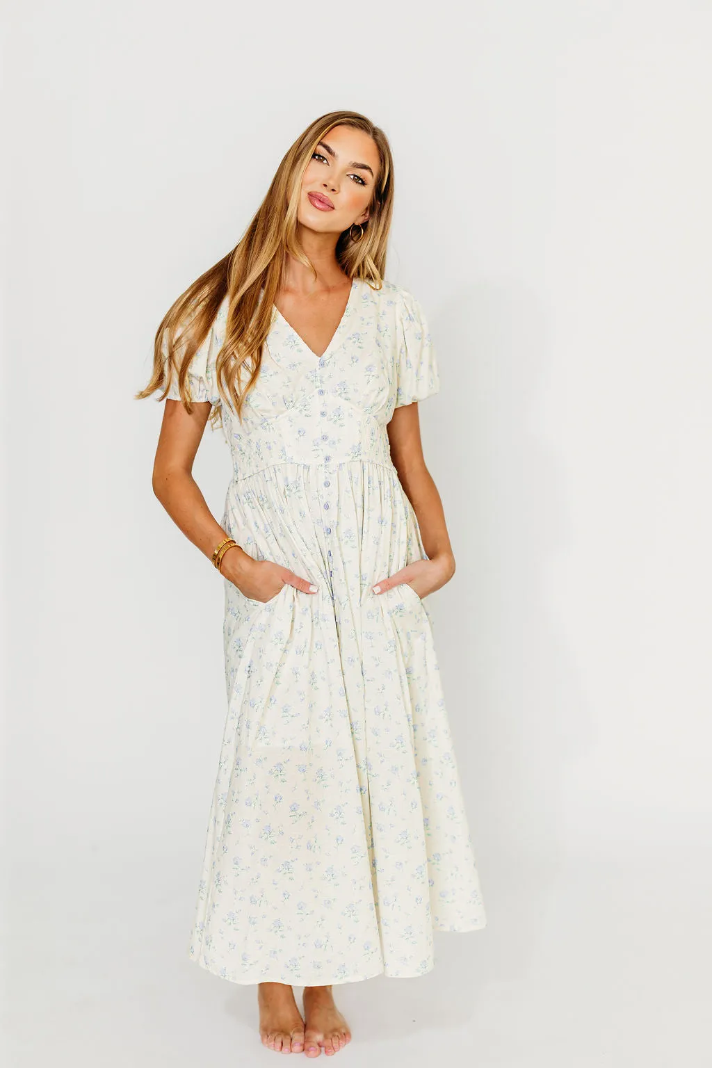 Kylee 100% Cotton Floral Maxi Dress in French Blue