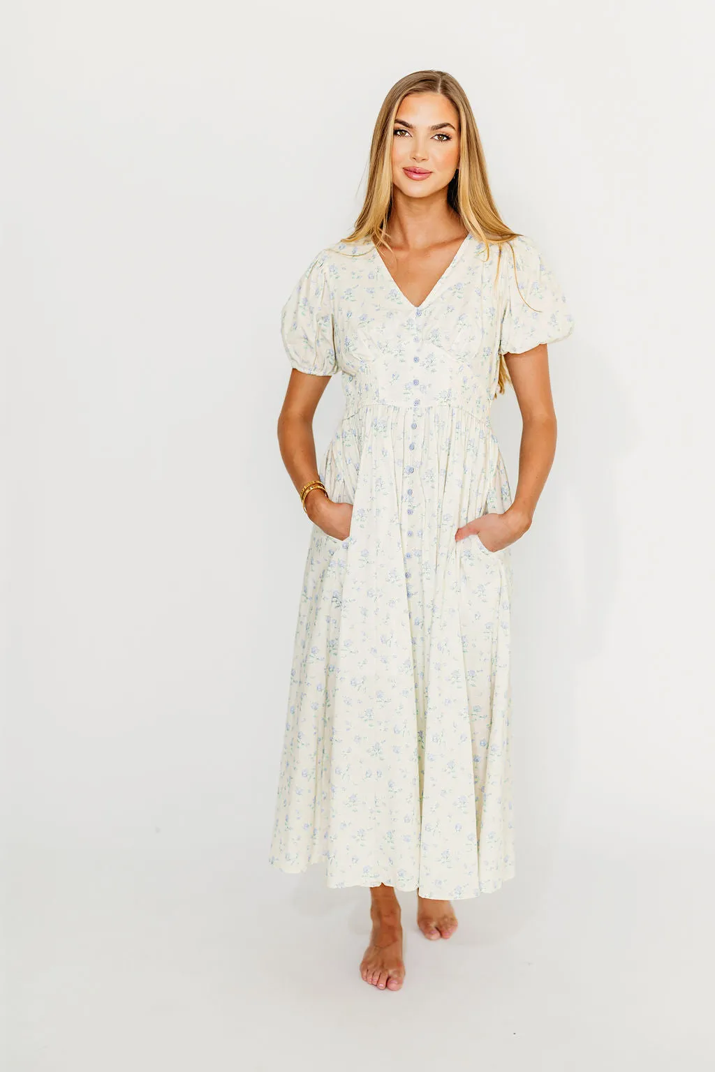 Kylee 100% Cotton Floral Maxi Dress in French Blue