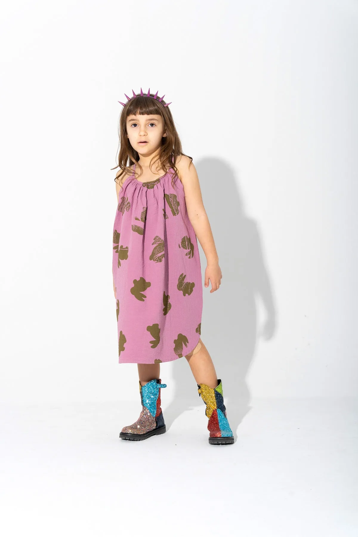 LILAC AND GREEN BUNNY PRINT STRAPPY DRESS