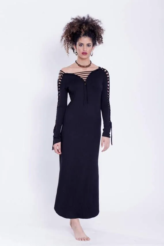 Long Sleeve Black Maxi Dress, Pixie Dress