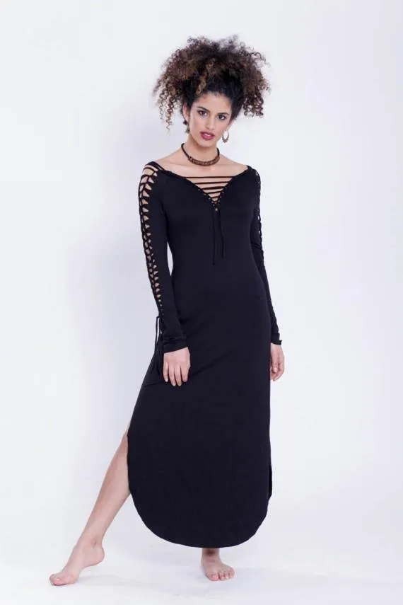 Long Sleeve Black Maxi Dress, Pixie Dress