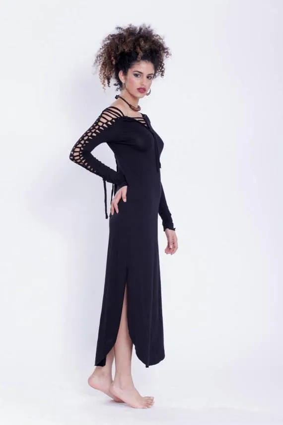 Long Sleeve Black Maxi Dress, Pixie Dress