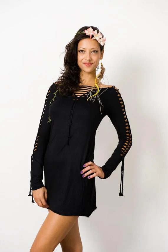 Long Sleeve Black Mini Dress, Pixie Dress