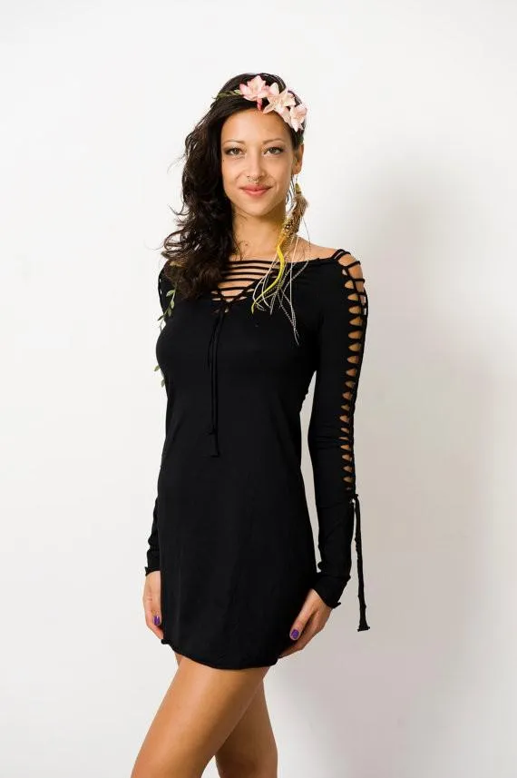 Long Sleeve Black Mini Dress, Pixie Dress