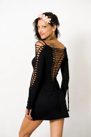 Long Sleeve Black Mini Dress, Pixie Dress