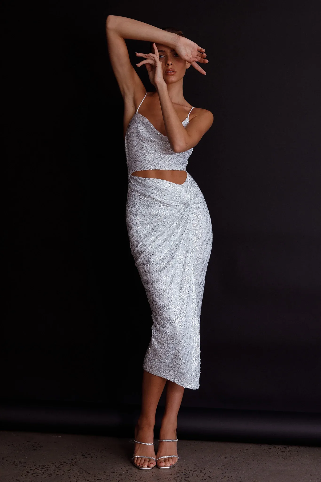 Miami Nights Cowl Neckline Twist Feature Midi Dress Sequin Silver