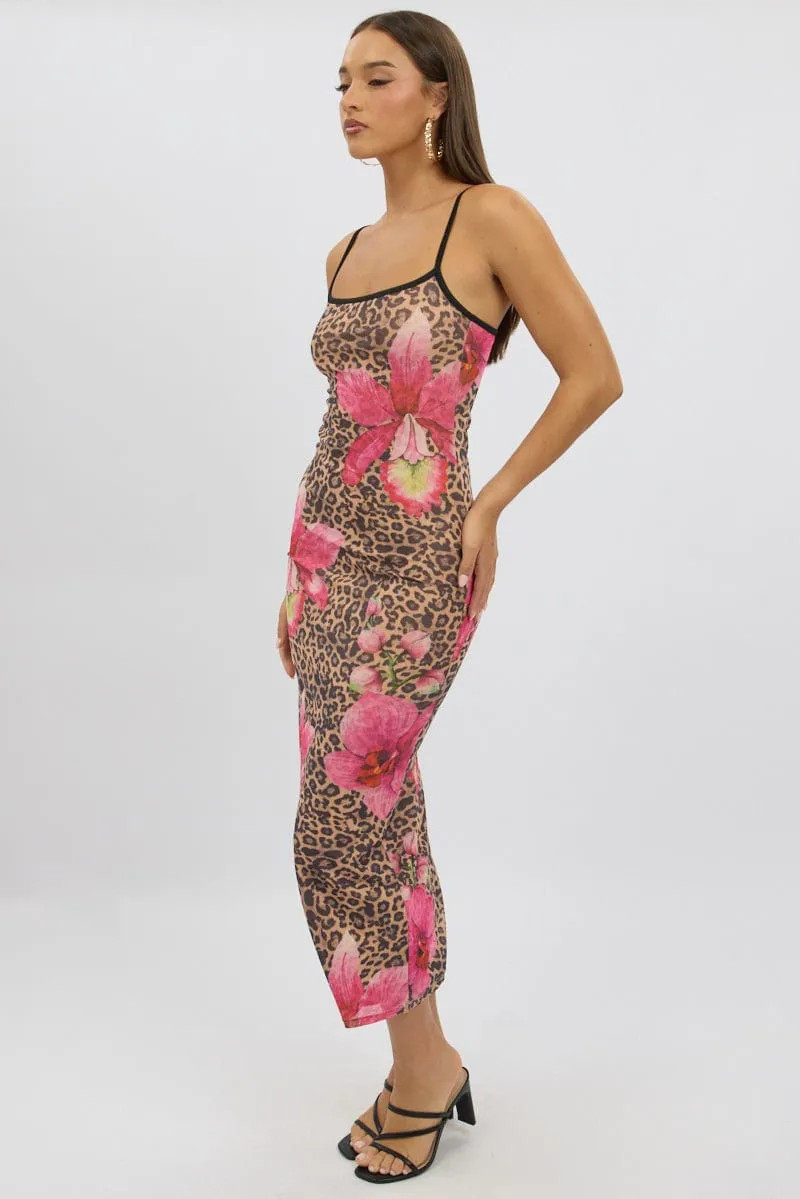 Multi Animal Print Bodycon Dress Maxi Mesh