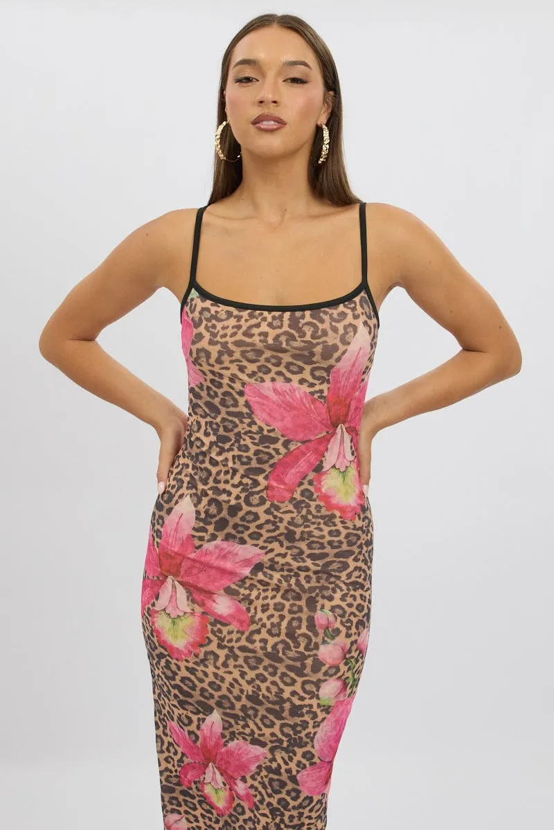 Multi Animal Print Bodycon Dress Maxi Mesh