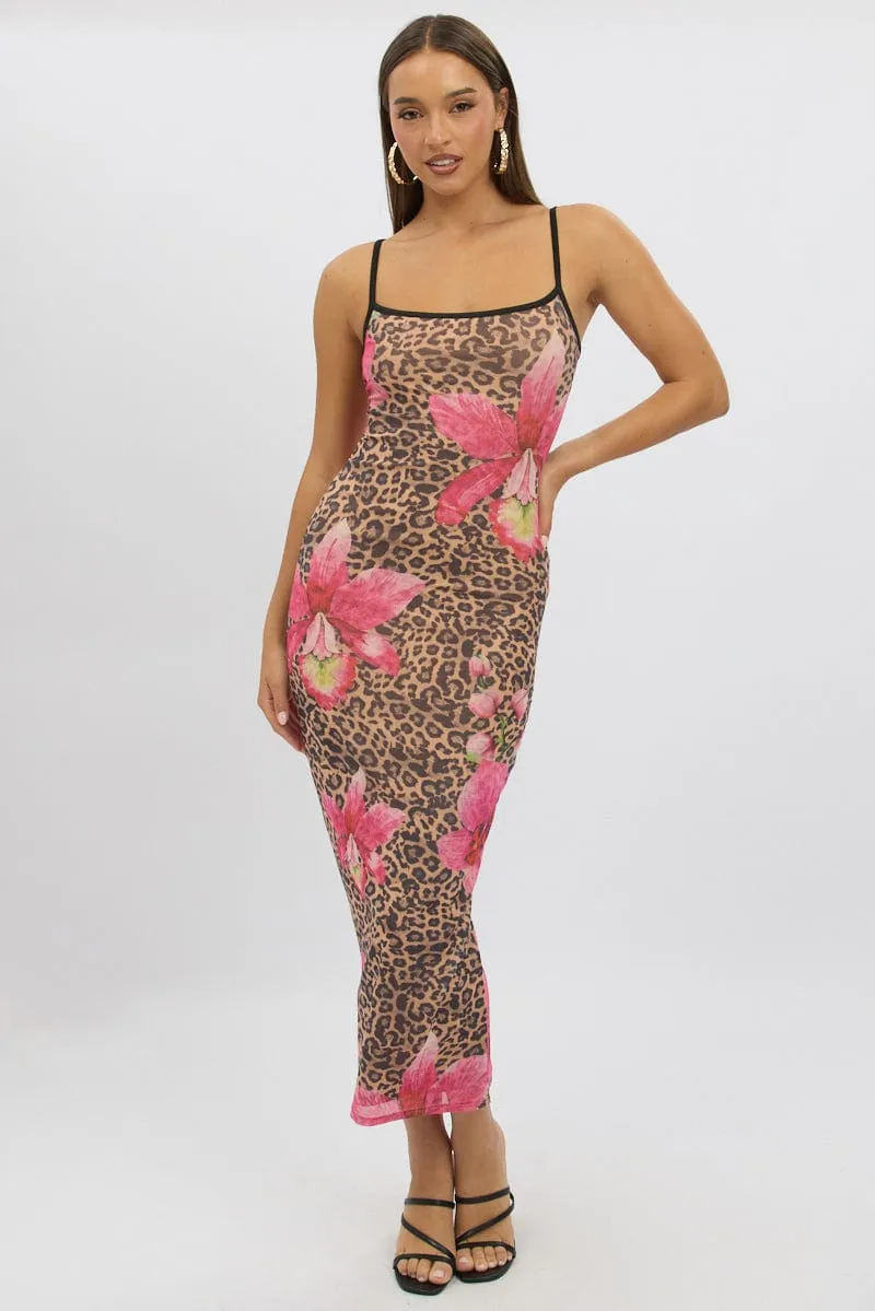 Multi Animal Print Bodycon Dress Maxi Mesh