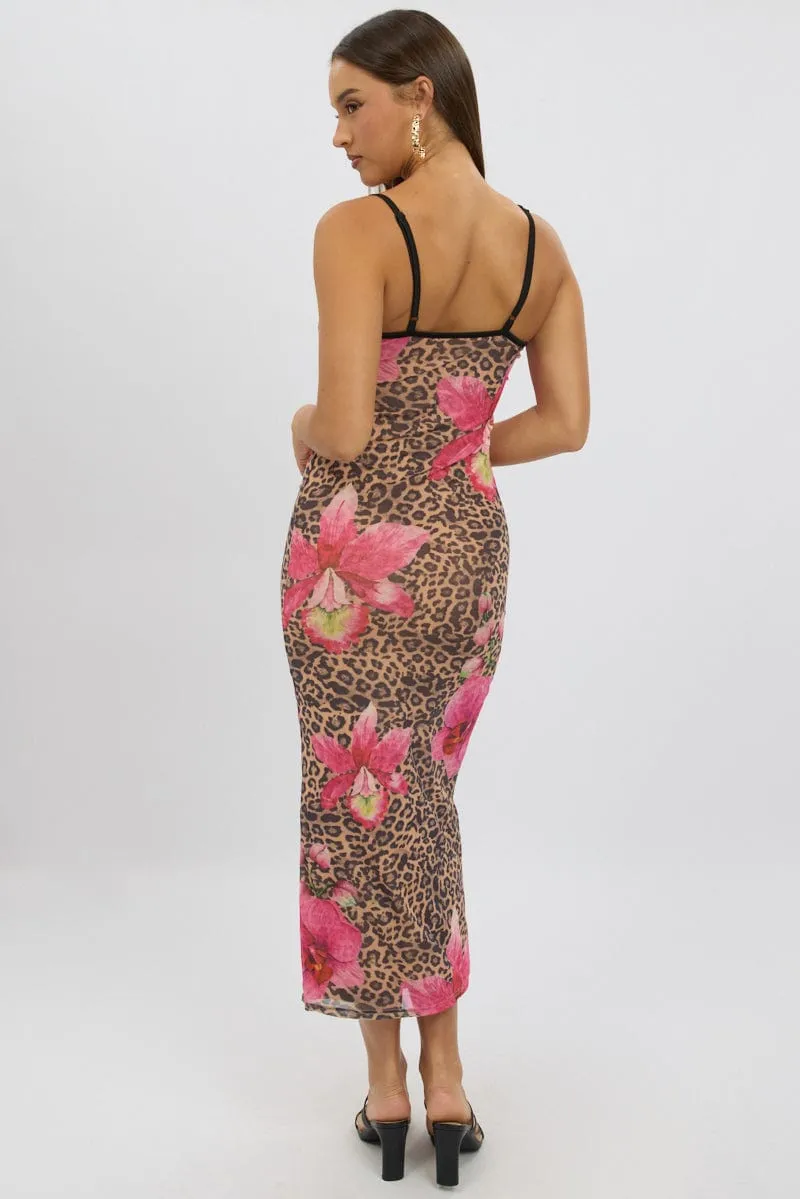 Multi Animal Print Bodycon Dress Maxi Mesh