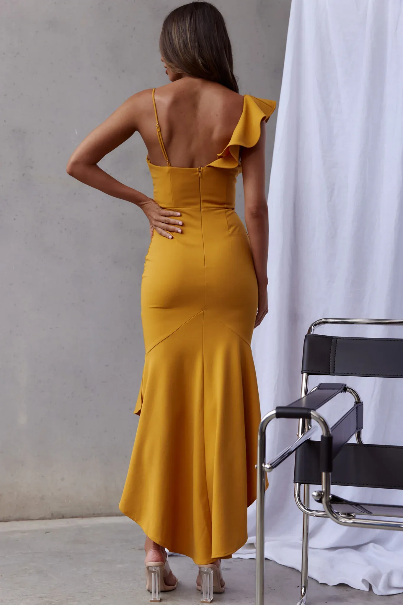 Pearl Ruffle Strap Twist Bust Dress Mustard