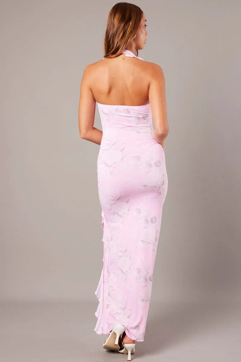 Pink Floral Ruffle Maxi Dress Halter Thigh Split Dress