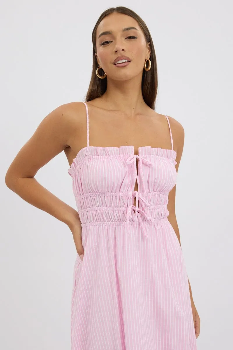 Pink Stripe Midi Dress Ribbon Detail Strappy