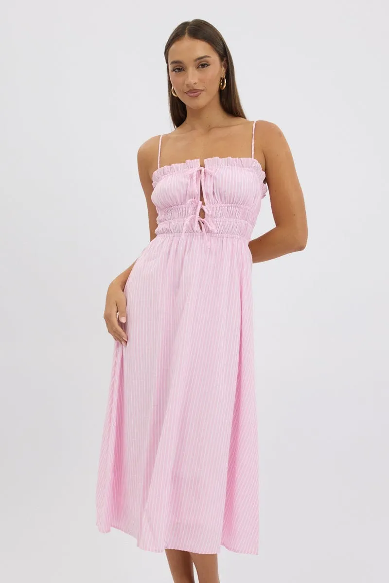Pink Stripe Midi Dress Ribbon Detail Strappy