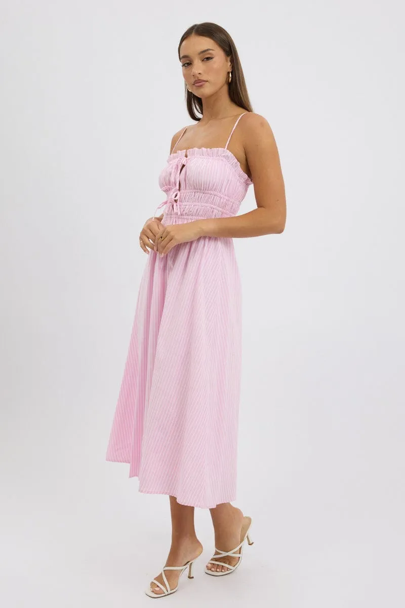 Pink Stripe Midi Dress Ribbon Detail Strappy