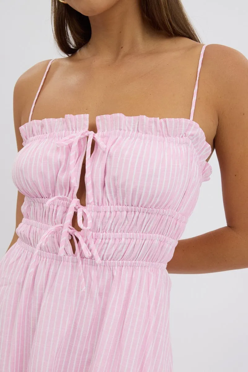 Pink Stripe Midi Dress Ribbon Detail Strappy