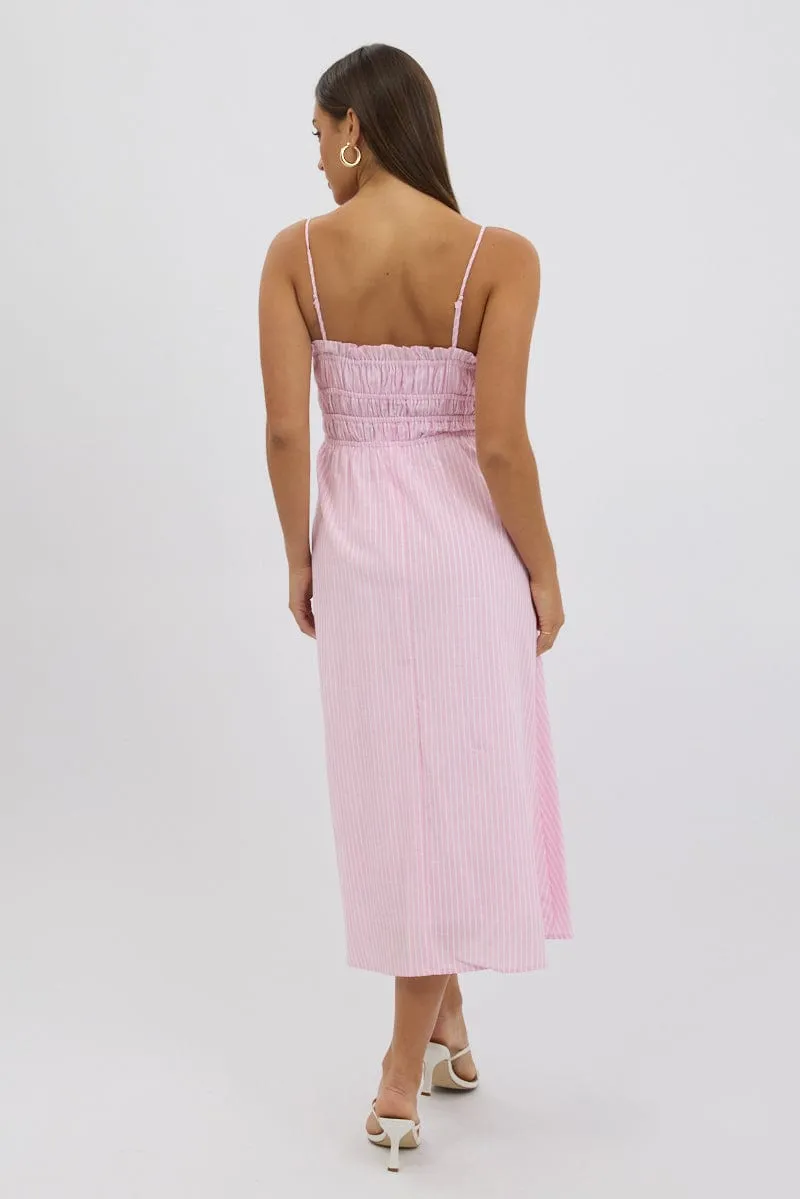 Pink Stripe Midi Dress Ribbon Detail Strappy