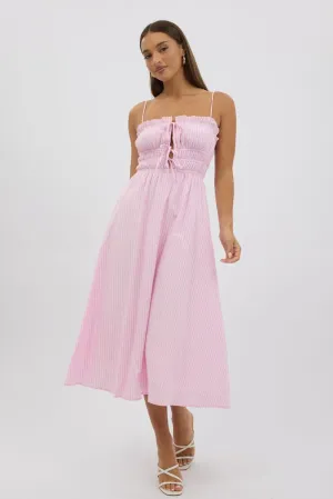 Pink Stripe Midi Dress Ribbon Detail Strappy
