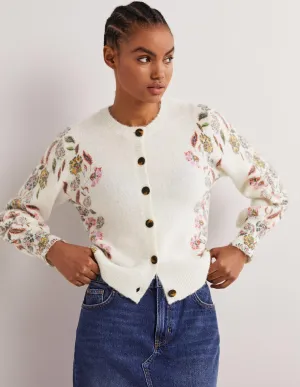 Printed Fluffy Cardigan-Ivory. Blossom Pomme