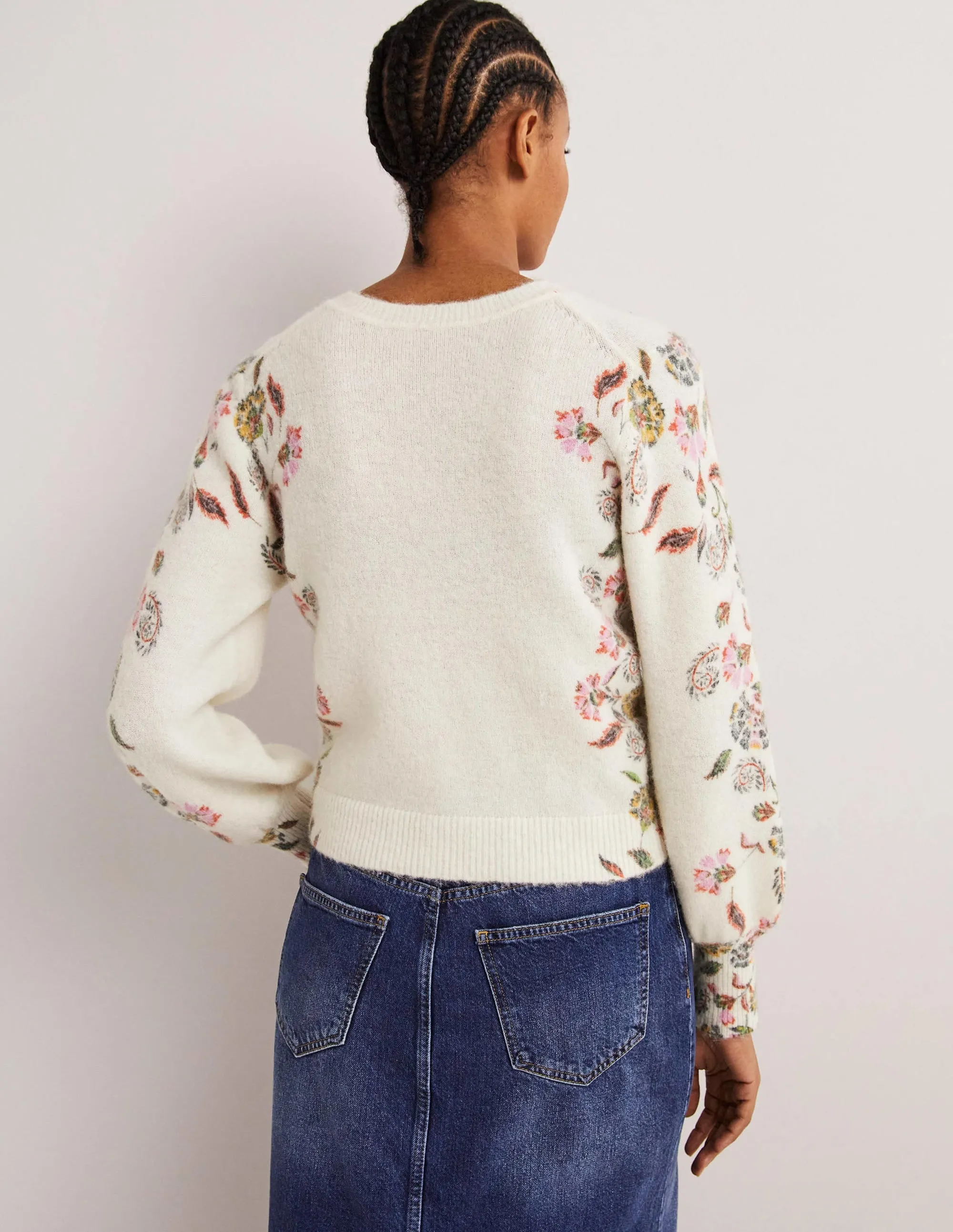Printed Fluffy Cardigan-Ivory. Blossom Pomme