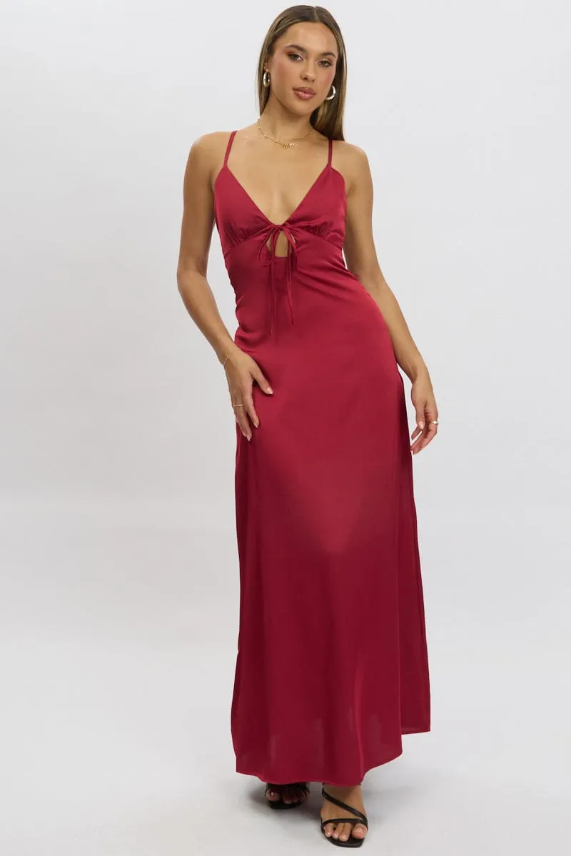 Red Maxi Dress Cut Out Satin