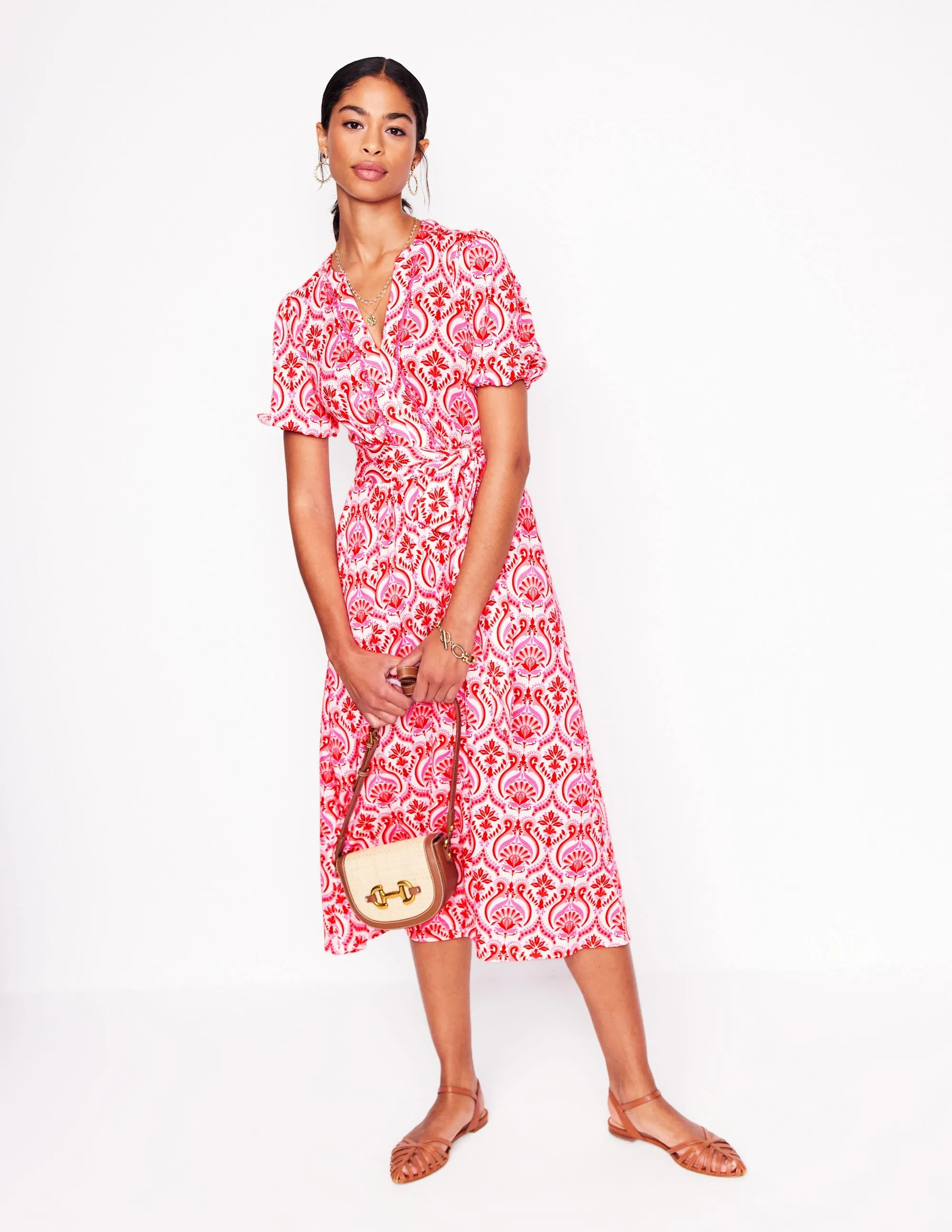 Sofia Trim Jersey Midi Dress-Poppy Red. Ornamental Floral