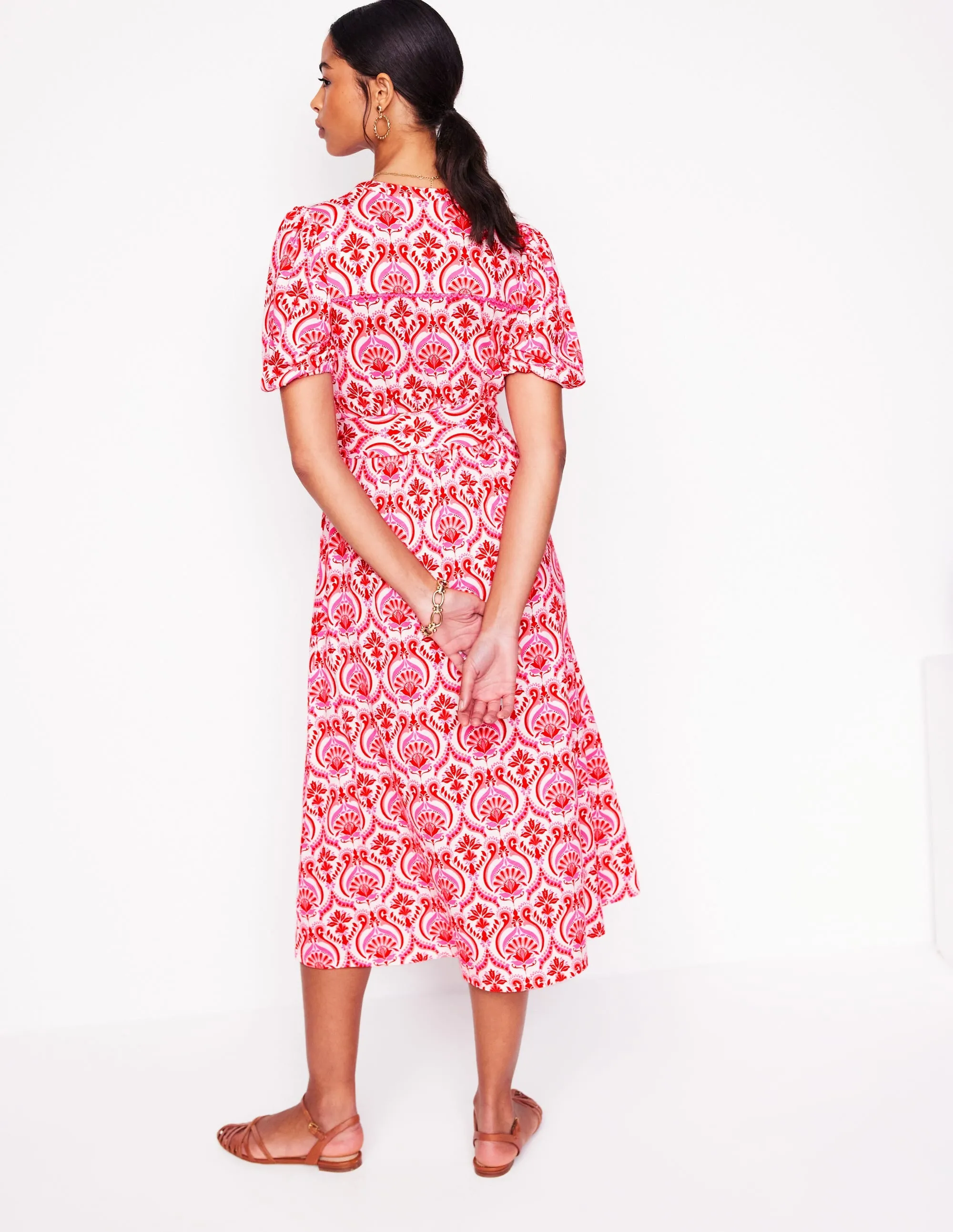Sofia Trim Jersey Midi Dress-Poppy Red. Ornamental Floral