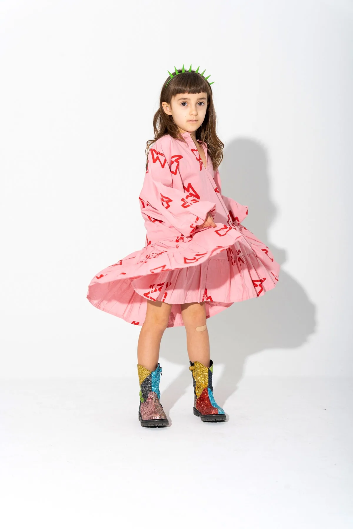 THUNDER PRINT GATHERED DRESS