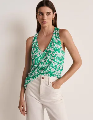 V-Neck Twist Back Jersey Top-Emerald. Floret Bud
