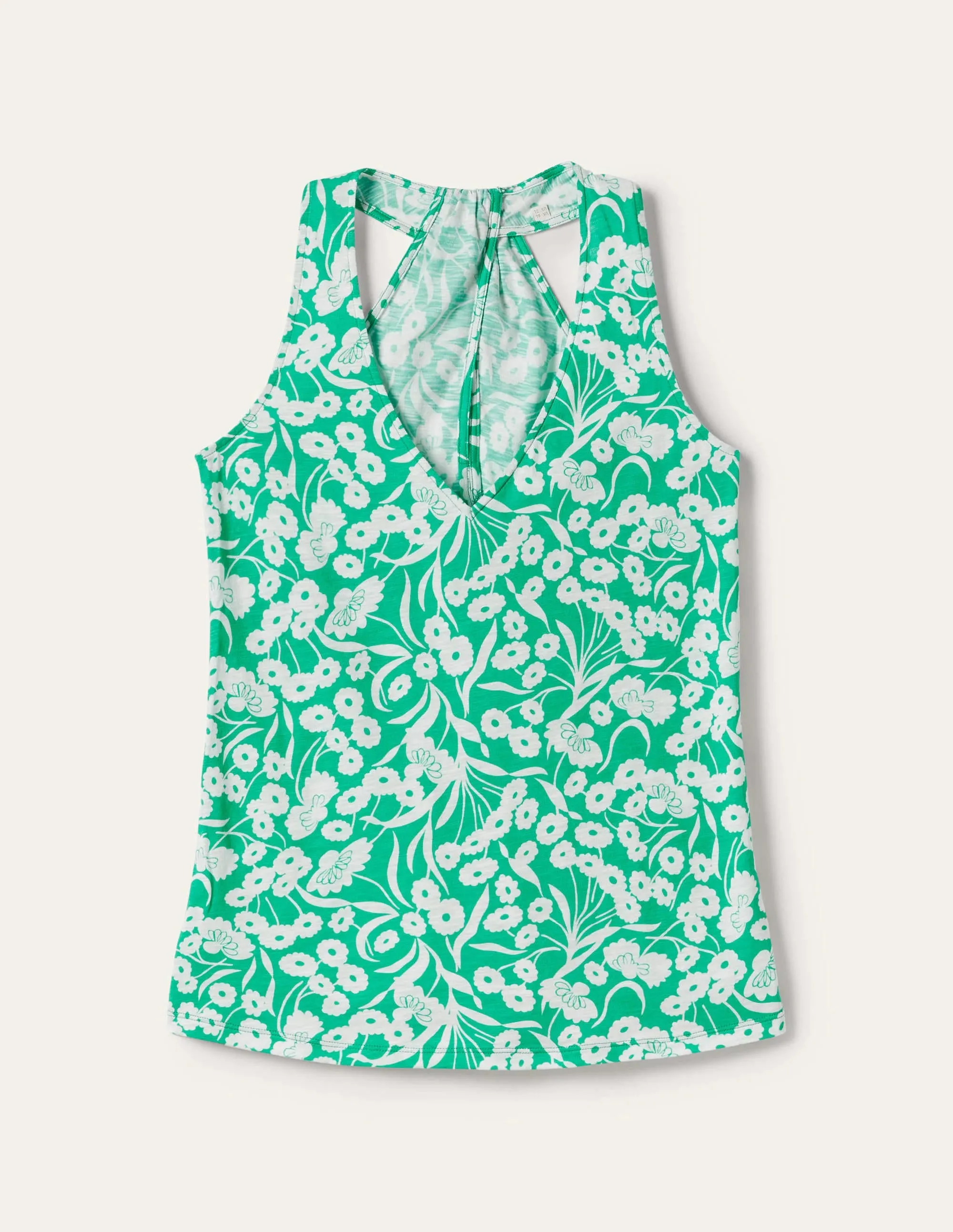 V-Neck Twist Back Jersey Top-Emerald. Floret Bud