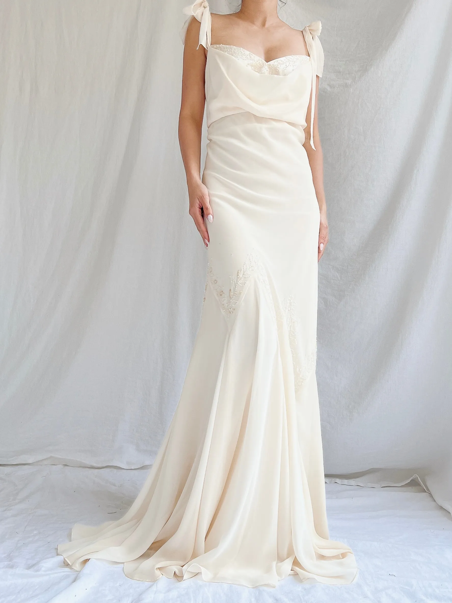 Vintage Chiffon Bow Bias Cut Gown - M/L